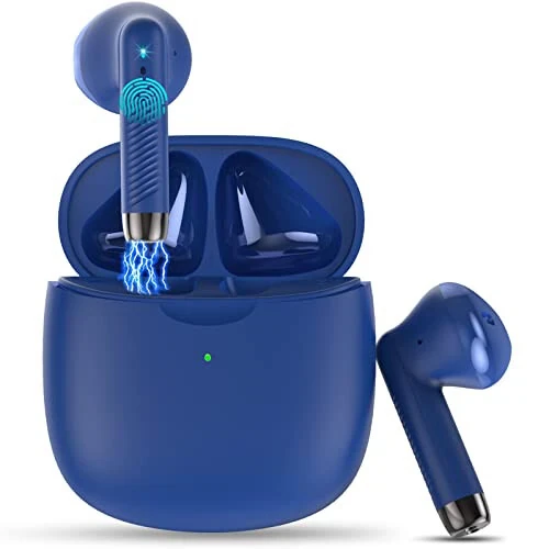 Беспроводные наушники, Bluetooth 5.3 наушники стерео бас, Bluetooth наушники в ушах с шумоподавлением микрофон, водонепроницаемые спортивные наушники IP7, 32 часа воспроизведения, зарядный чехол USB C, наушники синие для Android iOS - Jxrev