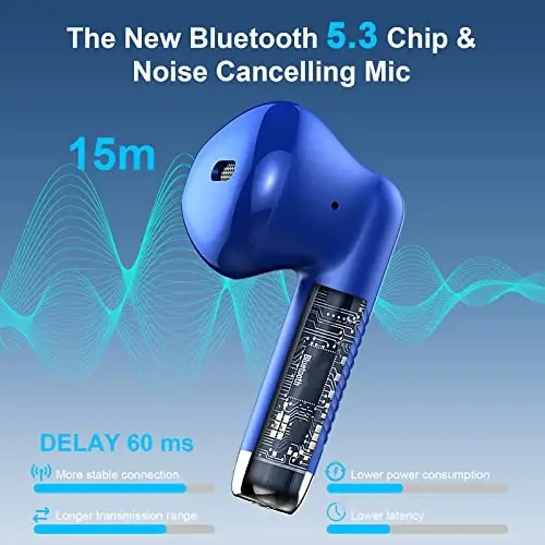 Беспроводные наушники, Bluetooth 5.3 наушники стерео бас, Bluetooth наушники в ушах с шумоподавлением микрофон, водонепроницаемые спортивные наушники IP7, 32 часа воспроизведения, зарядный чехол USB C, наушники синие для Android iOS - JXREV (1)
