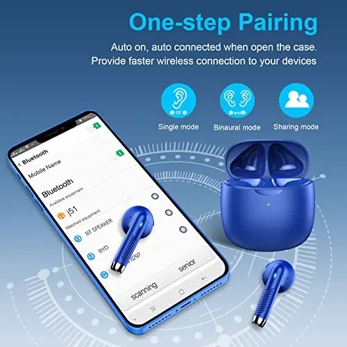 Беспроводные наушники, Bluetooth 5.3 наушники стерео бас, Bluetooth наушники в ушах с шумоподавлением микрофон, водонепроницаемые спортивные наушники IP7, 32 часа воспроизведения, зарядный чехол USB C, наушники синие для Android iOS - 6