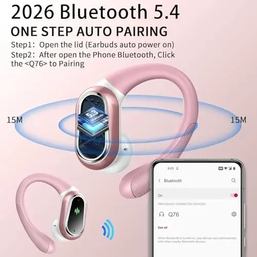Беспроводные наушники, Bluetooth 5.4 2026 для спорта, 60 часов HiFi стерео с глубоким басом, ENC микрофон с шумоподавлением, водонепроницаемость IP7 и LED-дисплей, наушники с заушинами для тренировок/бега - 2