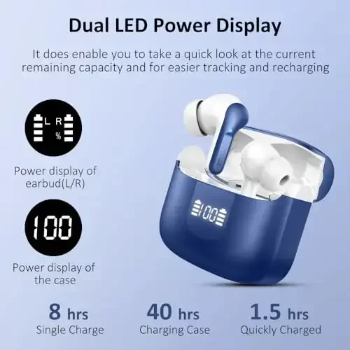 Беспроводные наушники Bluetooth 5.4, Hi-Fi стерео наушники с 4 микрофонами ENC, 40H вкладыши IP7 водонепроницаемые спортивные, светодиодный дисплей, мини-гарнитура для ноутбука Pad TV телефонов, темно-синий - 4