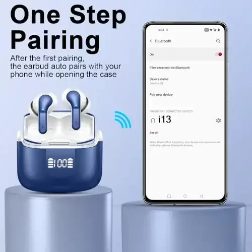 Беспроводные наушники Bluetooth 5.4, Hi-Fi стерео наушники с 4 микрофонами ENC, 40H вкладыши IP7 водонепроницаемые спортивные, светодиодный дисплей, мини-гарнитура для ноутбука Pad TV телефонов, темно-синий - 7
