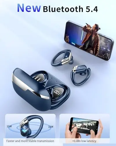 Беспроводные наушники, Bluetooth 5.4, IP7 водонепроницаемые для спорта, 50 часов работы, беспроводные наушники с микрофоном с шумоподавлением ENC, глубокие басы, с ушными крючками для Android, iOS, тренировок, спортзала - 2