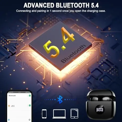 Беспроводные наушники, Bluetooth 5.4, LED-дисплей питания, бас-стерео, микрофон с шумоподавлением, 40 ч воспроизведения, мини-кейс IP7, водонепроницаемые спортивные наушники для Android iOS - 3