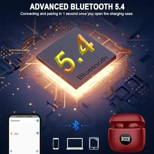 Беспроводные наушники, Bluetooth 5.4 наушники LED дисплей питания Бас стерео, Bluetooth наушники-вкладыши с шумоподавлением, 40 часов воспроизведения Мини-чехол IP7 Водонепроницаемые спортивные наушники для Android iOS - 3