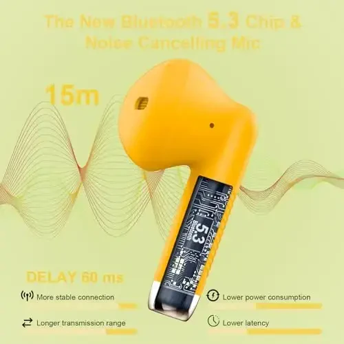 Wireless Earbuds, Bluetooth 5.4 Headphones in Ear with Noise Cancelling Mic, Bluetooth Earbuds Stereo Bass, IP7 Waterproof Sports Earphones, 32H Playtime USB C Charging Ear Buds Yellow for Android iOS - 2