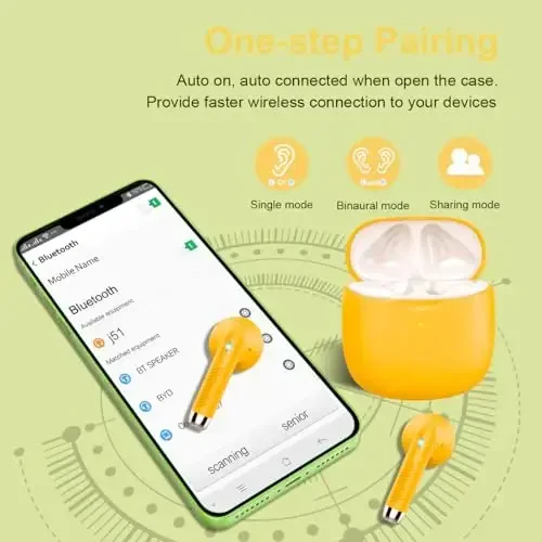 Wireless Earbuds, Bluetooth 5.4 Headphones in Ear with Noise Cancelling Mic, Bluetooth Earbuds Stereo Bass, IP7 Waterproof Sports Earphones, 32H Playtime USB C Charging Ear Buds Yellow for Android iOS - 5