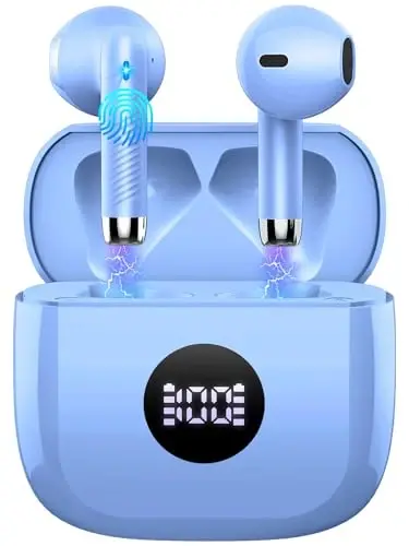 Беспроводные наушники Bluetooth 5.4, наушники-вкладыши со светодиодным дисплеем питания, стереонаушники 6D, Bluetooth-наушники с шумоподавлением и микрофоном, мини-кейс IP7 с водонепроницаемыми спортивными наушниками для Android iOS, 40 часов воспроизведения - 1