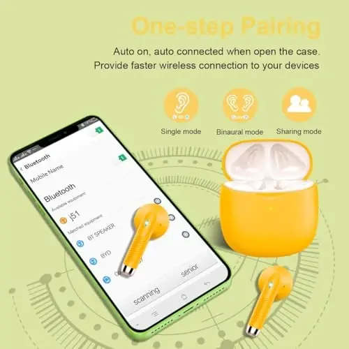 Беспроводные наушники, Bluetooth 5.4 стерео бас, Bluetooth наушники с микрофоном шумоподавления, IP7 водонепроницаемые спортивные наушники, 32H воспроизведения USB C зарядный чехол желтые для Android iOS - 5