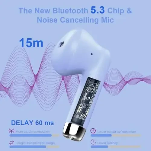 Беспроводные наушники, Bluetooth 5.4 стерео бас, Bluetooth наушники с шумоподавлением микрофон, IP7 водонепроницаемые спортивные наушники, 32H время воспроизведения USB C зарядный чехол фиолетовые наушники для Android iOS - 2