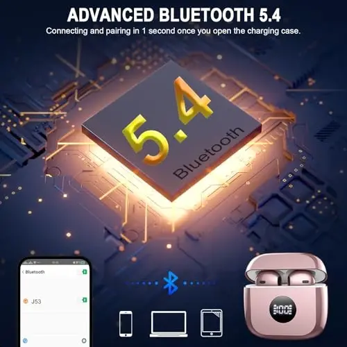 Беспроводные наушники, Bluetooth 5.4, светодиодный дисплей питания, бас-стерео, шумоподавление, микрофон, 40 часов воспроизведения, мини-кейс, IP7, водонепроницаемые спортивные наушники для Android iOS - JXREV (1)