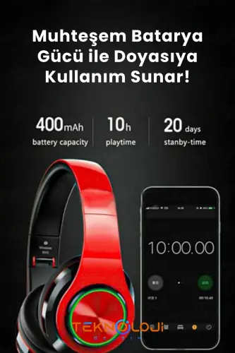 Беспроводные Наушники Bluetooth Микрофон Накладные Наушники Led Подсветка Складные Красный-КРАСНЫЙ - 3