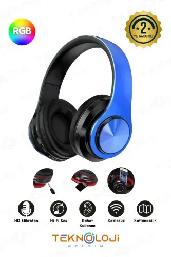 Беспроводные Наушники Bluetooth с Микрофоном Накладные Led Подсветкой Складные ЧЕРНЫЙ-СИНИЙ-СИНИЙ - 1