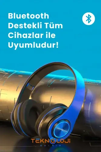 Беспроводные Наушники Bluetooth с Микрофоном Накладные Led Подсветкой Складные ЧЕРНЫЙ-СИНИЙ-СИНИЙ - 3