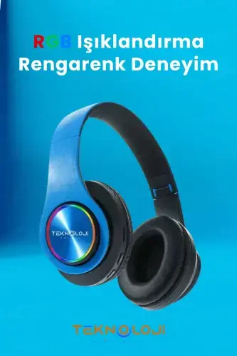 Беспроводные Наушники Bluetooth с Микрофоном Накладные Led Подсветкой Складные ЧЕРНЫЙ-СИНИЙ-СИНИЙ - 4