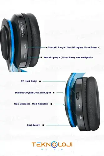 Беспроводные Наушники Bluetooth с Микрофоном Накладные Led Подсветкой Складные ЧЕРНЫЙ-СИНИЙ-СИНИЙ - 5