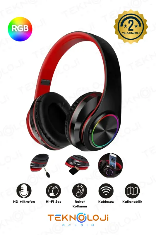 Беспроводные наушники Bluetooth с микрофоном Накладные наушники со светодиодной подсветкой Складные ЧЕРНЫЙ-КРАСНЫЙ - TEKNOLOJI GELSIN