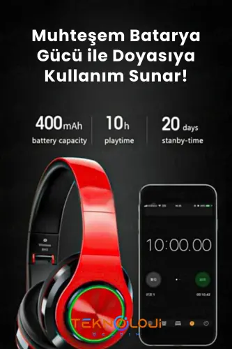 Беспроводные наушники Bluetooth с микрофоном Накладные наушники со светодиодной подсветкой Складные ЧЕРНЫЙ-КРАСНЫЙ - 7