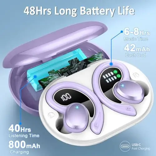 Беспроводные наушники Bluetooth спортивные, Bluetooth 5.3 наушники 3D HiFi стерео накладные наушники, 48 часов наушники с крючком для ушей с шумоподавлением, водонепроницаемые наушники IP7 для тренировки/бега/тренажерного зала, фиолетовый - 4