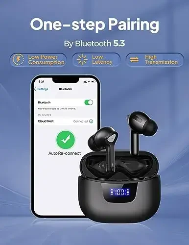 Беспроводные наушники Bluetooth V5.3, 50 часов воспроизведения, глубокие басы, стерео, светодиодный дисплей питания, водонепроницаемость IPX7, микрофон, гарнитура для ноутбука, планшета, телефонов Android/iOS - 5