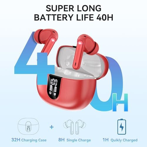 Беспроводные наушники MoBadeety, Bluetooth 5.3 наушники 40 часов воспроизведения глубокие басы стерео, LED-дисплей питания, наушники с шумоподавлением для звонков с микрофоном, водонепроницаемые наушники IP7 для iOS Android Красный - MoBadeety (1)