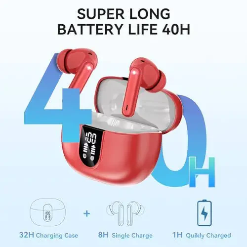 Беспроводные наушники MoBadeety, Bluetooth 5.3 наушники 40 часов воспроизведения глубокие басы стерео, LED-дисплей питания, наушники с шумоподавлением для звонков с микрофоном, водонепроницаемые наушники IP7 для iOS Android Красный - 2