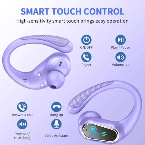 Беспроводные наушники, спортивные наушники Bluetooth 5.4 2026 года, 50 часов HiFi стерео глубокий бас накладные наушники с микрофоном с шумоподавлением ENC, водонепроницаемость IP7 и светодиодный дисплей, наушники с ушными крючками для тренировок/бега - 5
