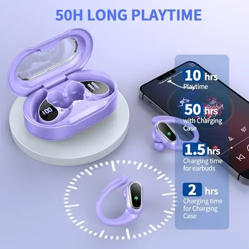 Беспроводные наушники, спортивные наушники Bluetooth 5.4 2026 года, 50 часов HiFi стерео глубокий бас накладные наушники с микрофоном с шумоподавлением ENC, водонепроницаемость IP7 и светодиодный дисплей, наушники с ушными крючками для тренировок/бега - 6