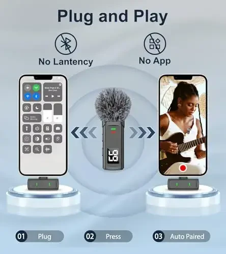 Беспроводные петличные микрофоны EZColoris для iPhone 14/13/12/11 Pro/11/XS MAX/XR/8/7. Петличный микрофон для видеозаписи, миниатюрные микрофоны для YouTube Podcast с футляром. - 1