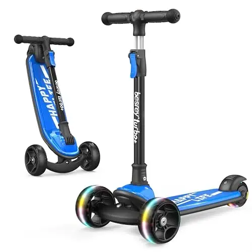 Besrey bolalar uchun Kick Scooter 3-10 yosh, sozlanishi balandligi bo'lgan 3 g'ildirakli katlanadigan scooter, LED yoritgichli g'ildiraklar, tashqi makon uchun juda keng platforma 