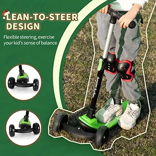 Besrey bolalar uchun Kick Scooter 3-10 yosh, sozlanishi balandlikdagi 3 g'ildirakli katlanadigan scooter, LED yorug'lik g'ildiraklari, tashqi tadbirlar uchun qo'shimcha keng platforma - 4