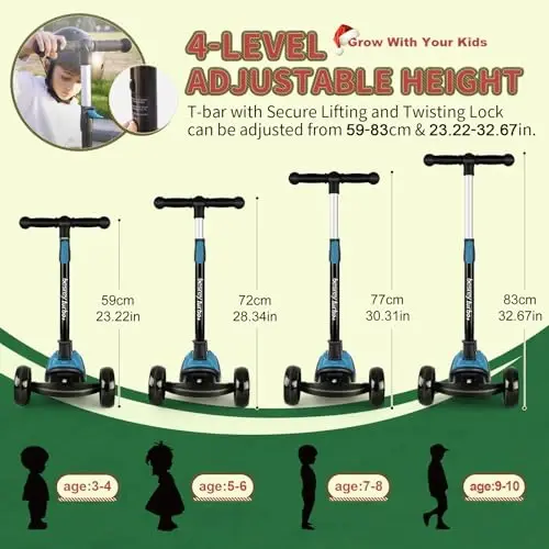 Besrey Bolalar uchun Kick Scooter 3-10 yosh, Sozlanishi mumkin bo'lgan balandlikdagi 3 g'ildirakli katlanadigan scooter, LED yorug'lik g'ildiraklari, tashqi makon uchun juda keng platforma - 2