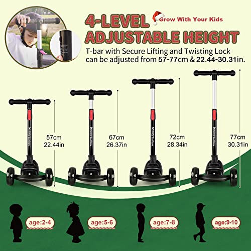 Besrey bolalar uchun skuter, 3-10 yosh, 3 g'ildirakli skuter, sozlanadigan balandlik, katlanadigan bolalar skuteri, LED yoritg'ichli g'ildiraklar, orqa tormoz, keng platforma, o'g'il / qiz bolalar uchun ochiq havoda mashg'ulotlar - 2