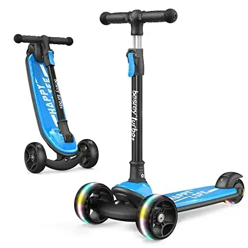 Besrey Kick Scooter for Kids Ages 3-10, 3-Wheel Folding Scooter with Adjustable Height, LED Light Wheels, Extra Wide Deck for Outdoor Activities 