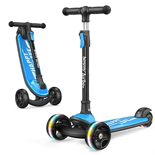 Besrey Kick Scooter for Kids Ages 3-10, 3-Wheel Folding Scooter with Adjustable Height, LED Light Wheels, Extra Wide Deck for Outdoor Activities 