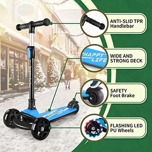 Besrey Kick Scooter for Kids Ages 3-10, 3-Wheel Folding Scooter with Adjustable Height, LED Light Wheels, Extra Wide Deck for Outdoor Activities - 2
