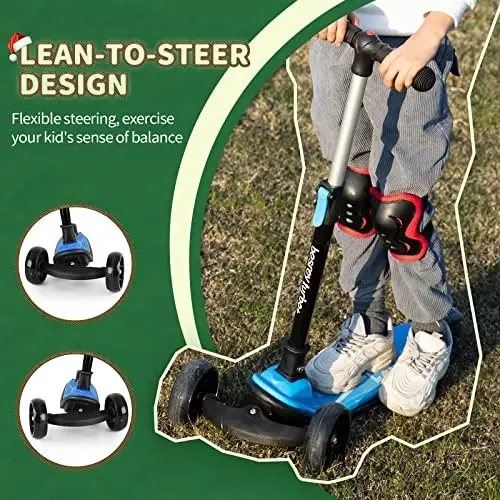 Besrey Kick Scooter for Kids Ages 3-10, 3-Wheel Folding Scooter with Adjustable Height, LED Light Wheels, Extra Wide Deck for Outdoor Activities - 3