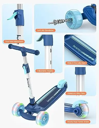 Besrey Kick Scooter for Kids Ages 3-10, 3-Wheel Folding Scooter with Adjustable Height, LED Light Wheels, Extra Wide Deck for Outdoor Activities - 3