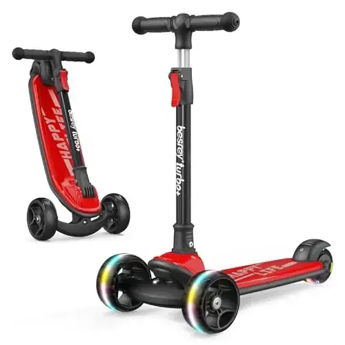 Besrey Kick Scooter for Kids Ages 3-10, 3-Wheel Folding Scooter with Adjustable Height, LED Light Wheels, Extra Wide Deck for Outdoor Activities - 1