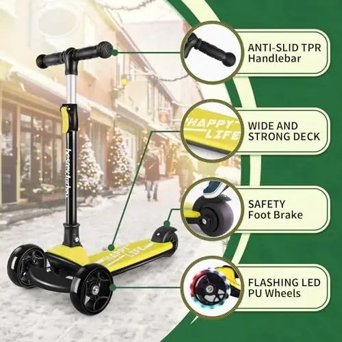 Besrey Kick Scooter for Kids Ages 3-10, 3-Wheel Folding Scooter with Adjustable Height, LED Light Wheels, Extra Wide Deck for Outdoor Activities - 3