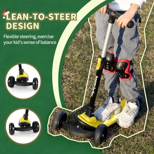 Besrey Kick Scooter for Kids Ages 3-10, 3-Wheel Folding Scooter with Adjustable Height, LED Light Wheels, Extra Wide Deck for Outdoor Activities - 4