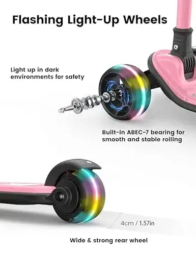 Besrey Kick Scooter for Kids Ages 3-10, 3-Wheel Folding Scooter with Adjustable Height, LED Light Wheels, Extra Wide Deck for Outdoor Activities - 5