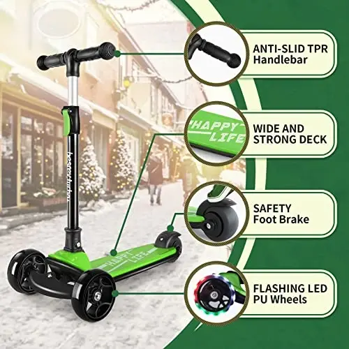 Besrey Kick Scooter for Kids Ages 3-10, 3-Wheel Folding Scooter with Adjustable Height, LED Light Wheels, Extra Wide Deck for Outdoor Activities - 3