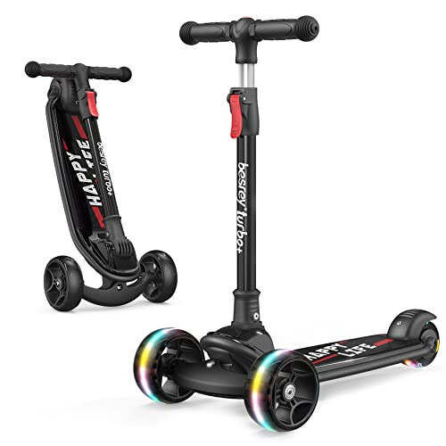 Besrey Kick Scooter for Kids Ages 3-10, 3 Wheel Scooter for Kids with Adjustable Height, Folding Kids Scooter with LED Light Wheels Rear Brak Extra Wide Deck Outdoor Activities for Boys/Girls - 1