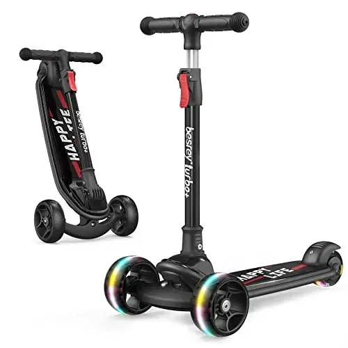 Besrey Kick Scooter for Kids Ages 3-10, 3 Wheel Scooter for Kids with Adjustable Height, Folding Kids Scooter with LED Light Wheels Rear Brak Extra Wide Deck Outdoor Activities for Boys/Girls - BESREY