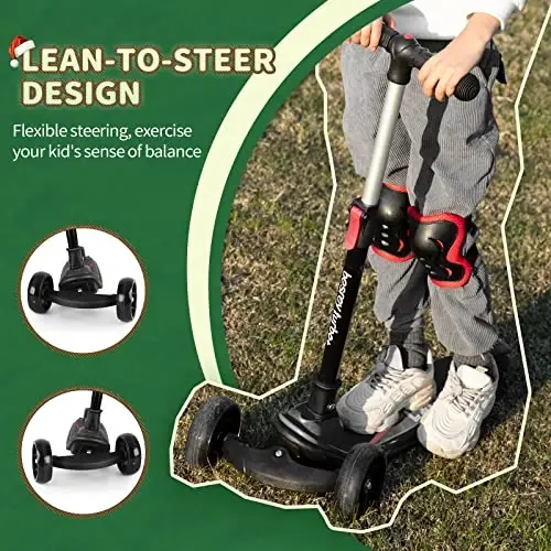 Besrey Kick Scooter for Kids Ages 3-10, 3 Wheel Scooter for Kids with Adjustable Height, Folding Kids Scooter with LED Light Wheels Rear Brak Extra Wide Deck Outdoor Activities for Boys/Girls - 3