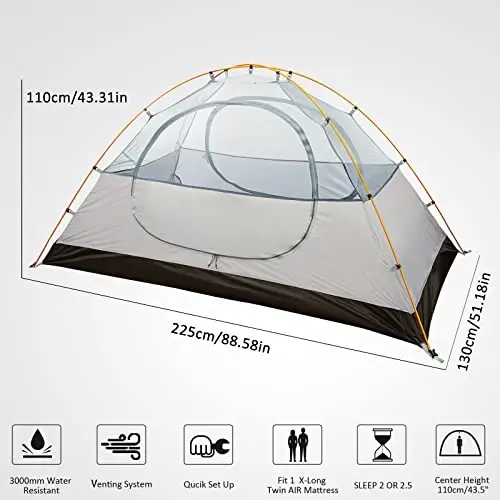 Bessport Camping Tent 1/2 Person Tent Waterproof Two Doors Backpacking Tent Easy Setup Lightweight for Outdoor, Hiking Mountaineering Travel - 2