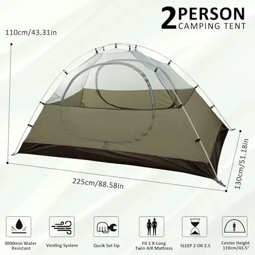Bessport Camping Tent 1/2 Person Tent Waterproof Two Doors Backpacking Tent Easy Setup Lightweight for Outdoor, Hiking Mountaineering Travel - 2