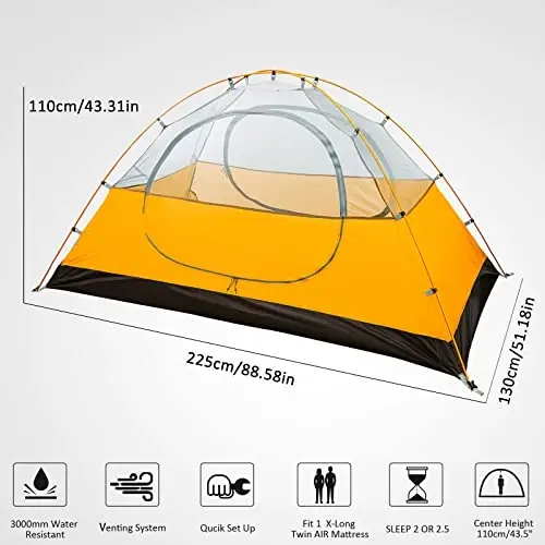 Bessport Camping Tent 1/2 Person Tent Waterproof Two Doors Backpacking Tent Easy Setup Lightweight for Outdoor, Hiking Mountaineering Travel - 2