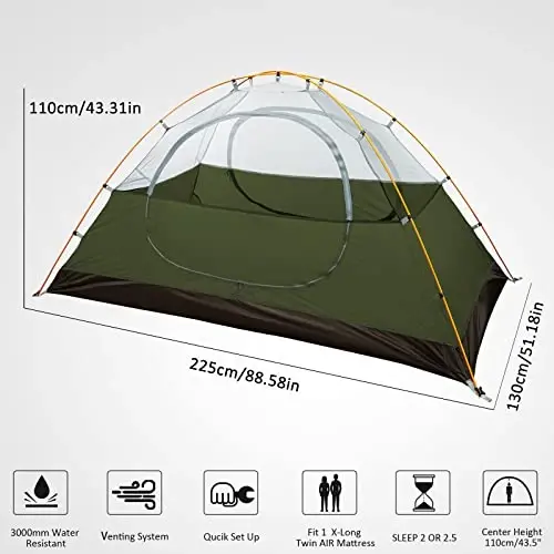 Bessport Camping Tent 1/2/3/4 Person Tent Waterproof Two Doors Backpacking Tent Easy Setup Lightweight for Outdoor, Hiking Mountaineering Travel - 2
